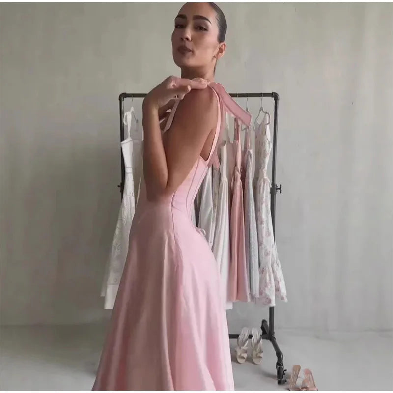 Pink Strap Maxi Dress - Chic Solid Summer Evening Party