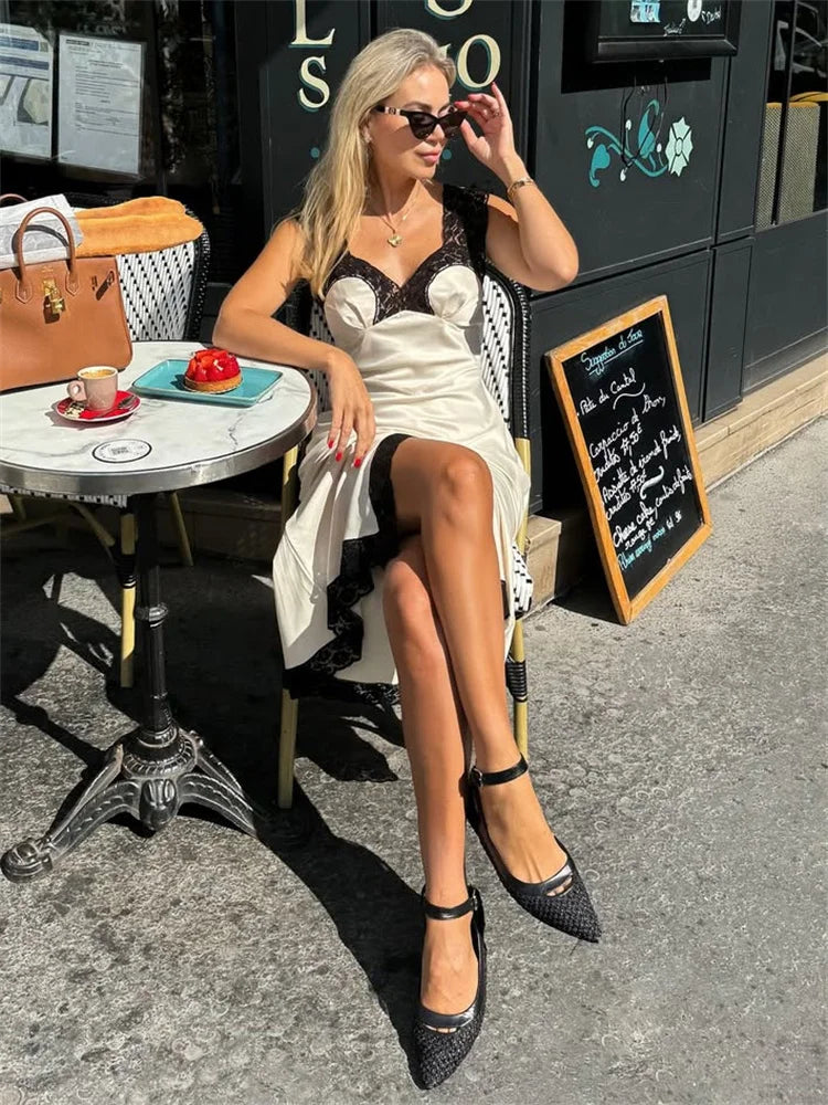 Patchwork Satin Lace Maxi Dress – Elegant V-Neck Evening Gown