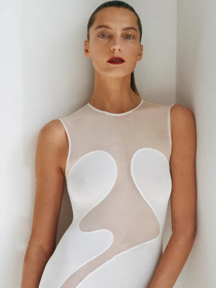 Black Mesh Illusion Bodycon Dress – Irregular Sheer Patchwork