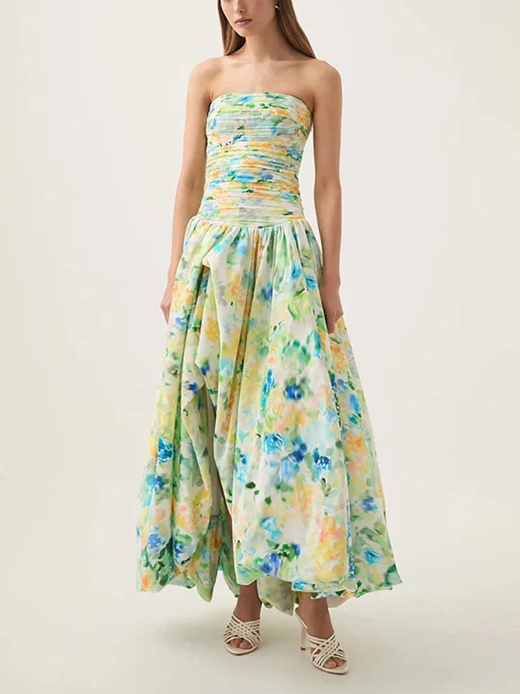 Printed Strapless Bubble Maxi Dress
