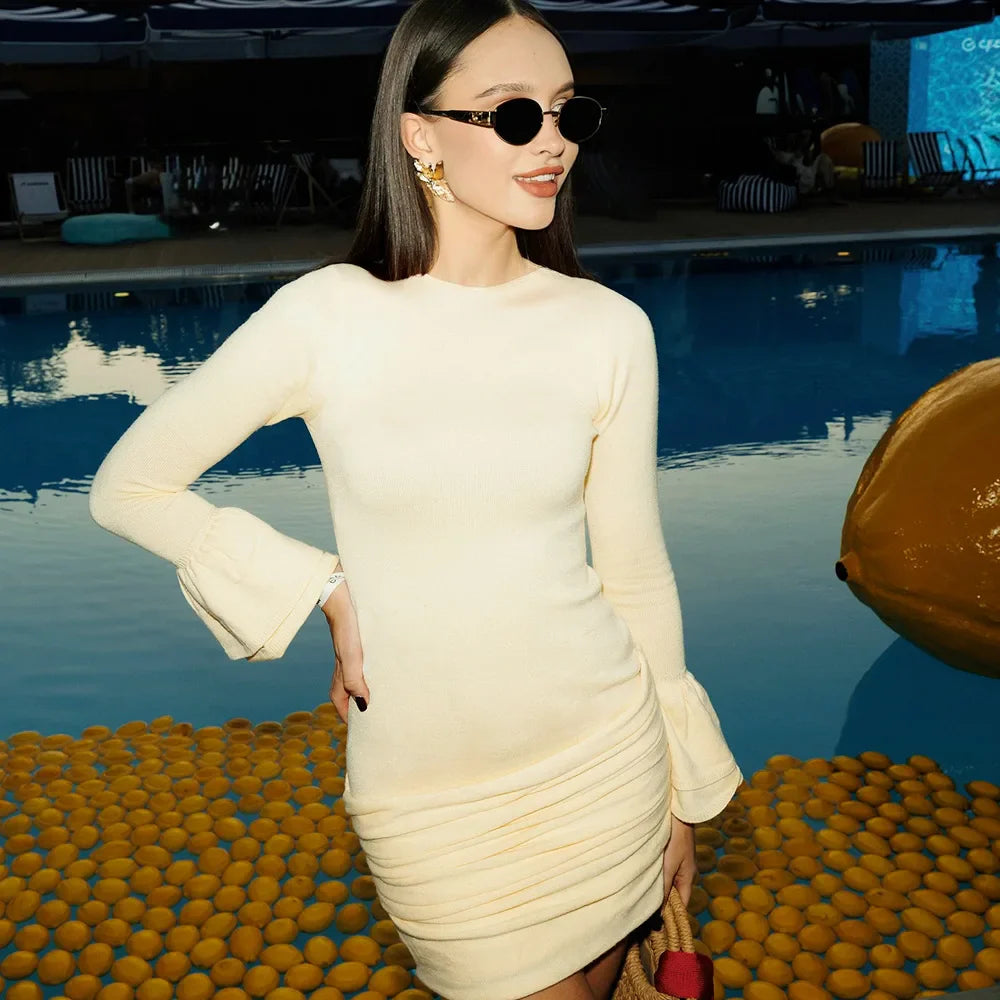 Yellow Ruched Hem Long Sleeve Mini Dress