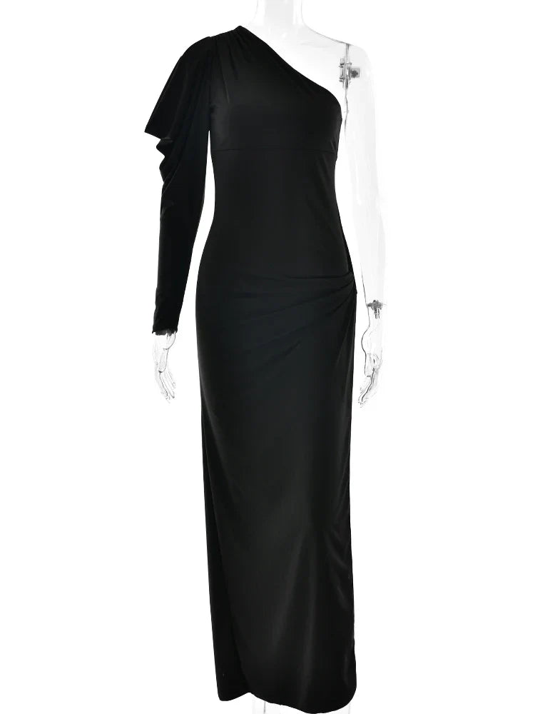 Black one-shoulder dress on a mannequin against a white background