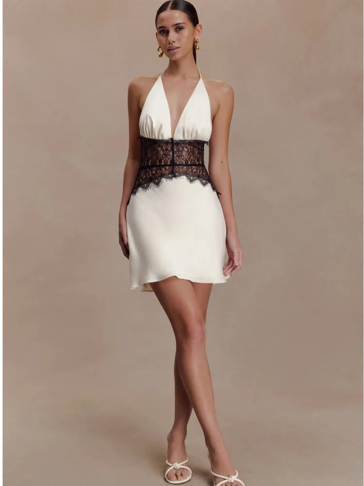 White Satin Lace Patchwork Mini Dress
