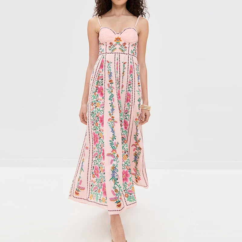 Floral Print Pleated Tube Top A-Line Maxi Dress with Low Cut Back