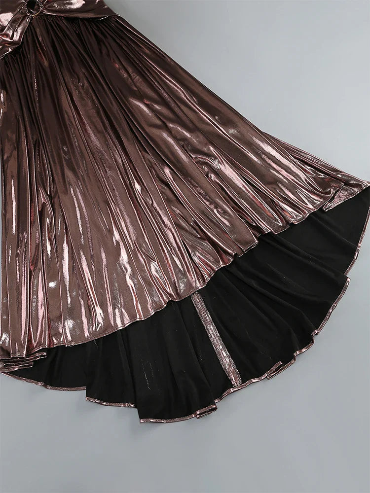Brown Sequin Ring Cut Out Short Sleeve Drape Maxi Dress