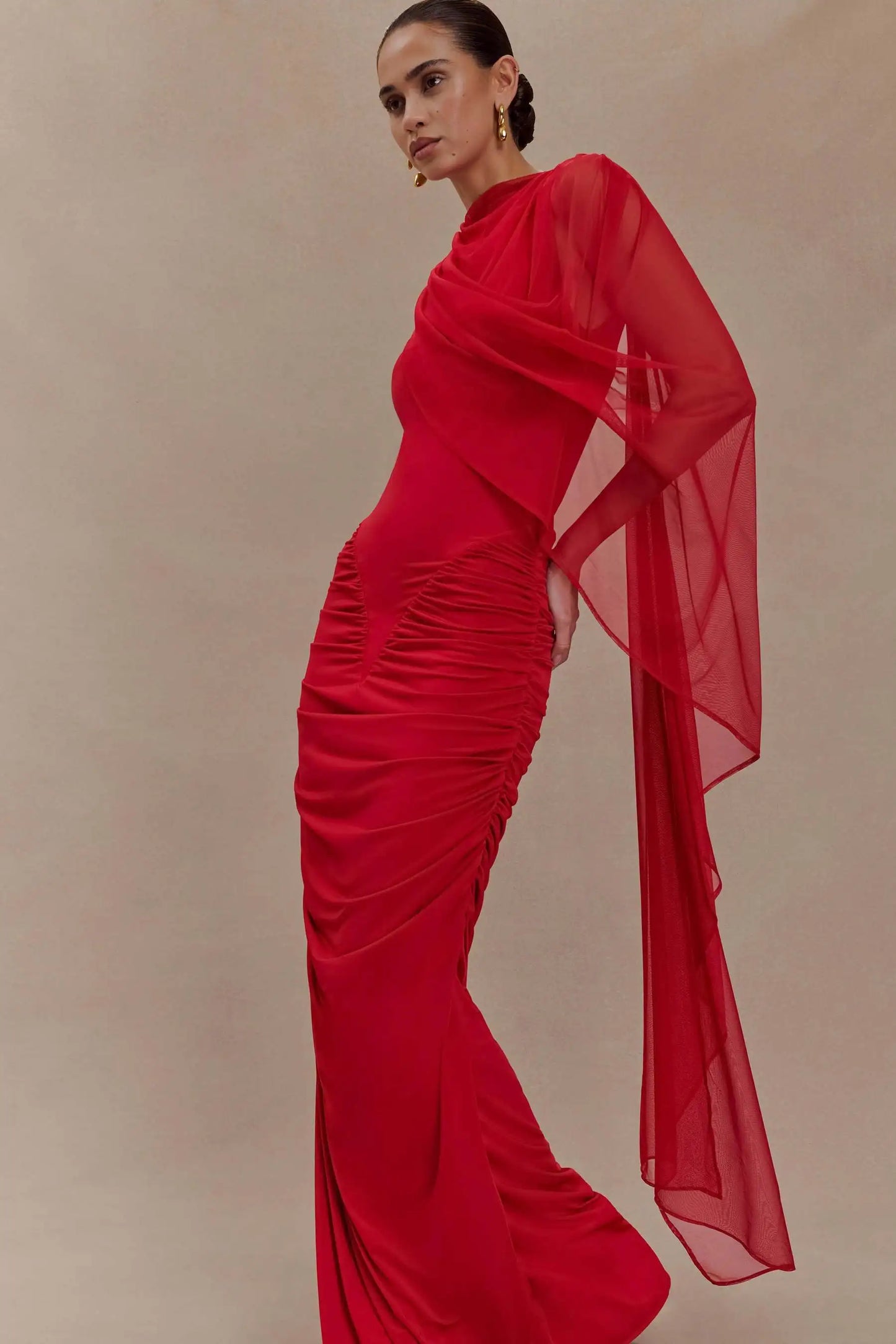 One Shoulder Shawl Drape Pleated Bodycon Long Dress
