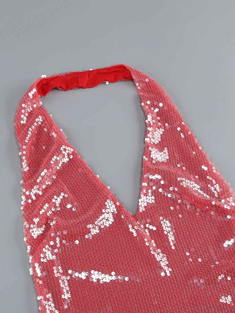 Pink Halter Deep V-Neck Sequin Gown with Fluid Drape