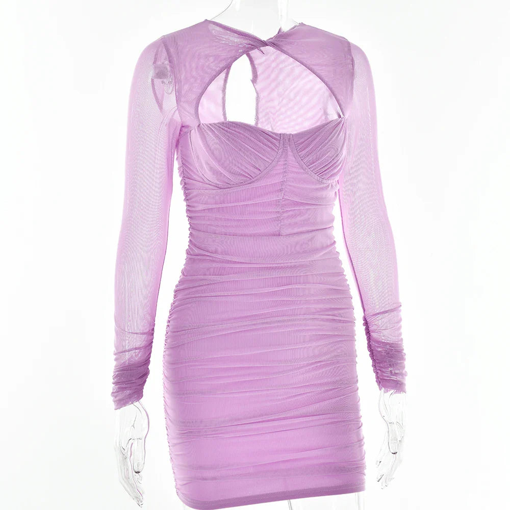Mesh Pleated Cutout Mini Dress