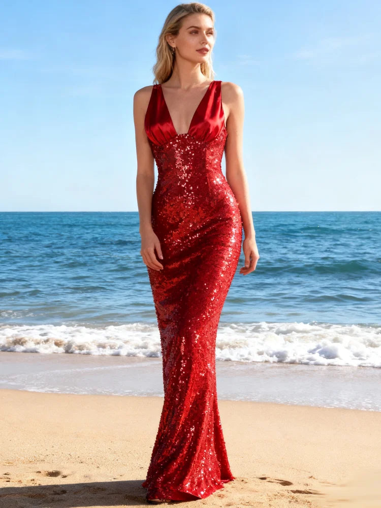 Red Deep V-Neck Sequin Gown