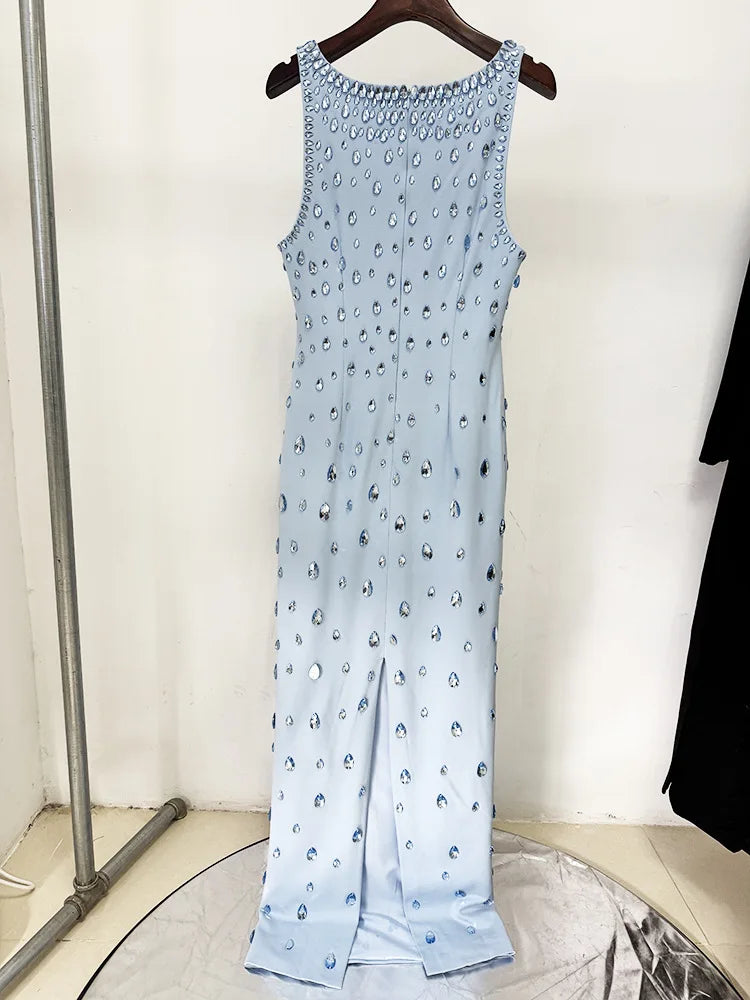 Light Blue Beaded Sleeveless A-Line Maxi Dress