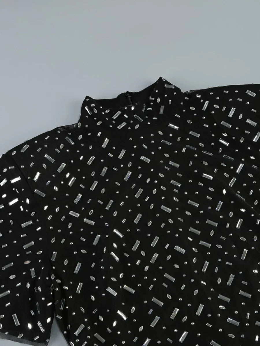 Black Beaded Sheath Dress | Elegant Short Sleeve Gown