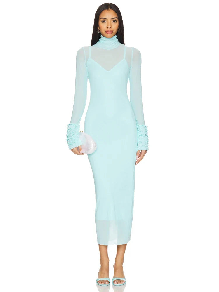 Turtleneck Ruffle-Cuff Mesh Patchwork Midi Dress