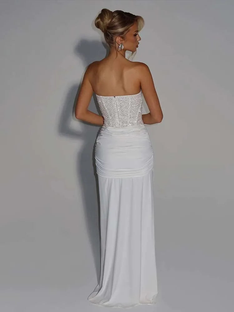 White Strapless Sequin Gown | Elegant Mesh Maxi Dress
