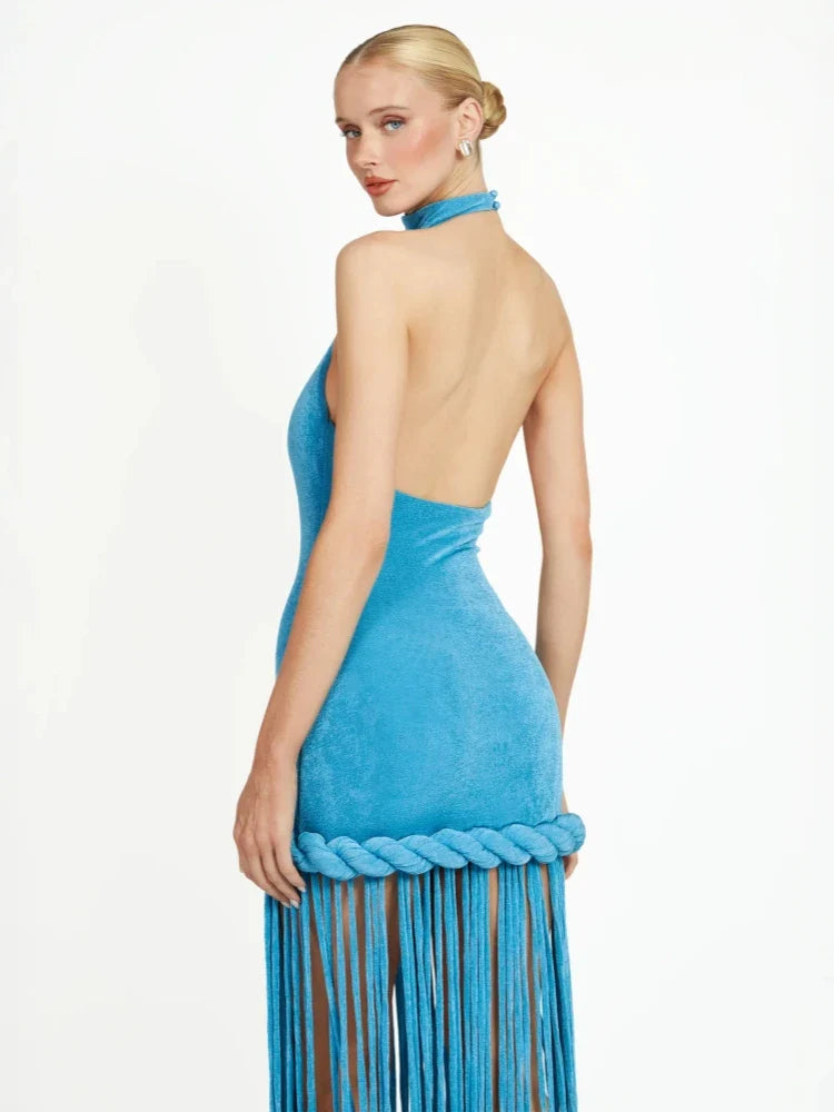 Blue Velvet Halter Fringe Gown with Braided Detail