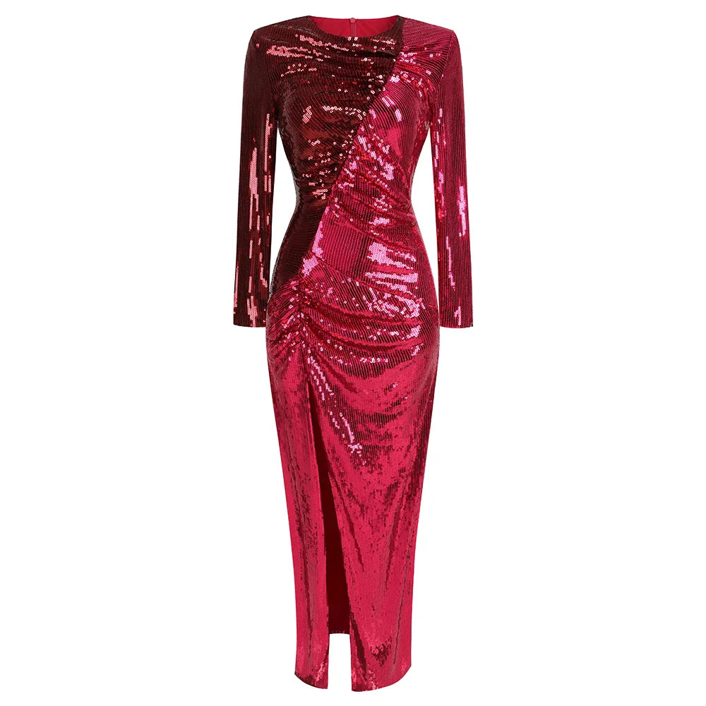 Red sequin dress with long sleeves on a white background