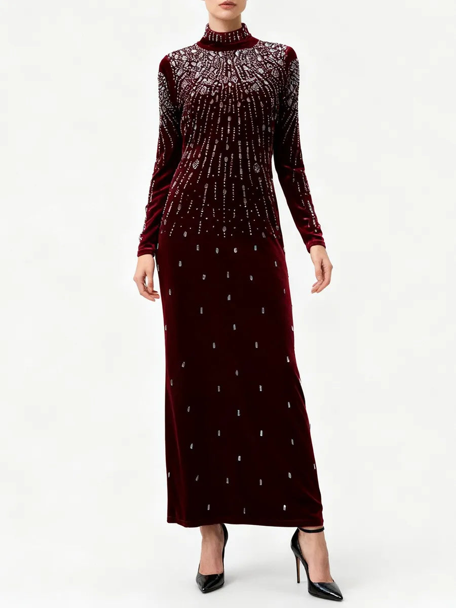 Sequin Beaded High Neck Long Sleeve Maxi Dress