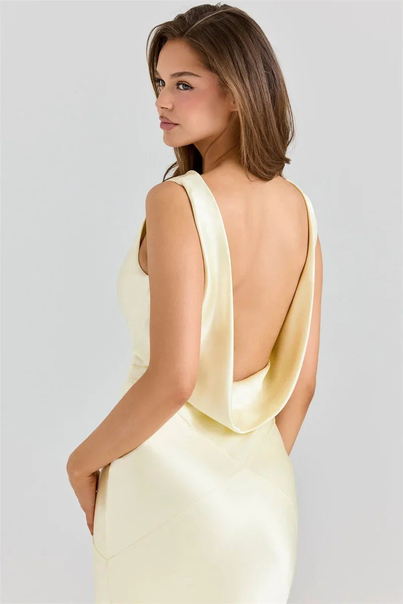 Light Yellow Cowl Neck Gown | Pleated Sleeveless Evening Dress