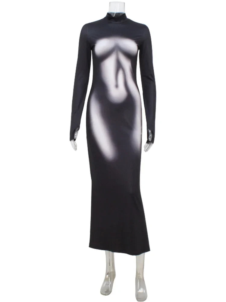 Black Illusion Body-Print Maxi Dress – Sleek Turtleneck Glam