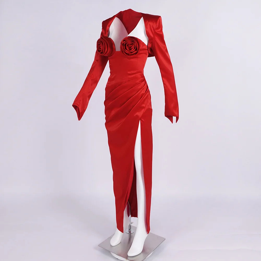 Red Satin 3d Flower Slit Maxi Dress With Crop Jacket