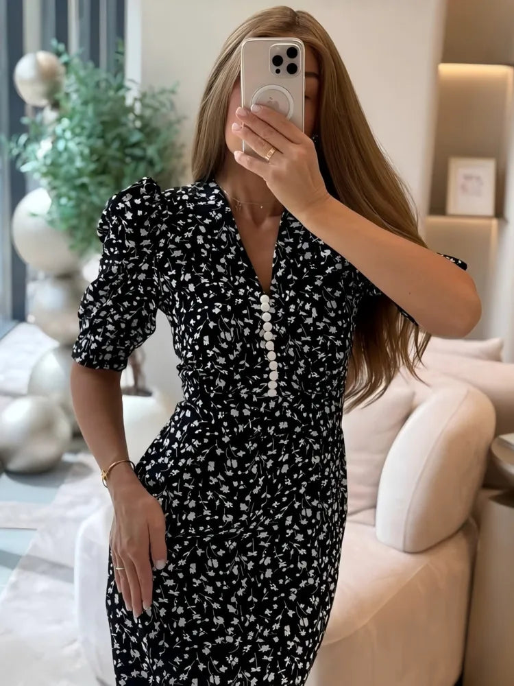 Half-Sleeve Polka Dot Midi Dress