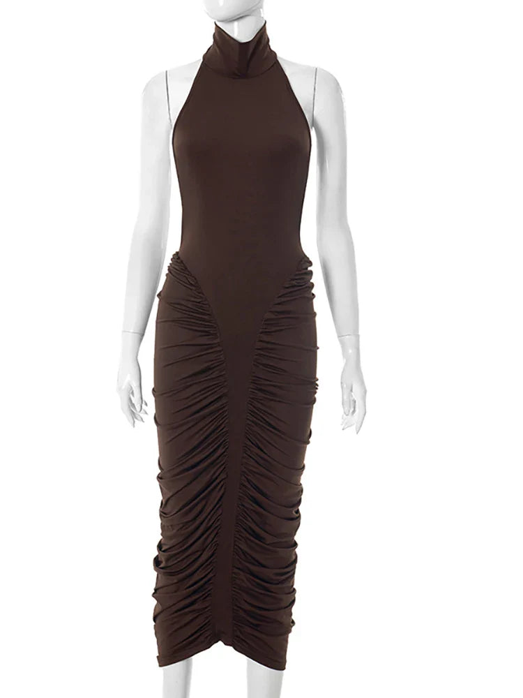 Brown Backless Ruched Dress | Sleeveless Night-Out Silhouette