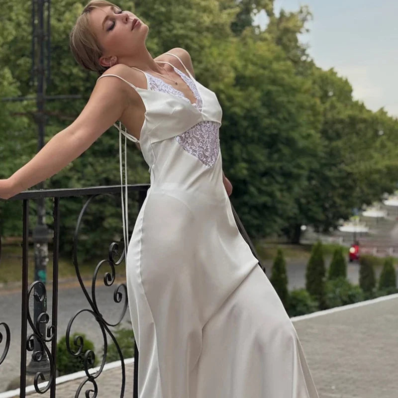 White Lace Backless Maxi Dress | High Waist Sling Evening Gown