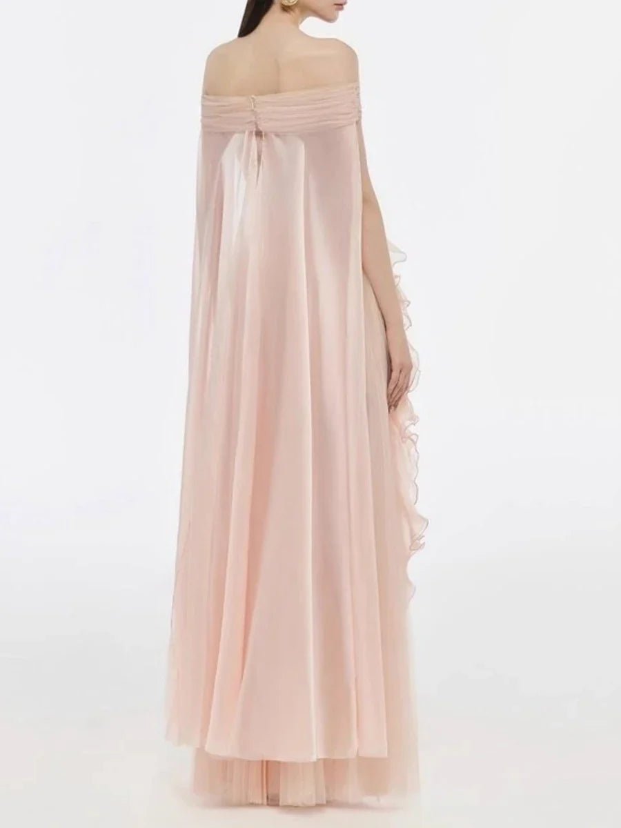 Pink Pleated Gold Brooch Cape Scarf Maxi Dress