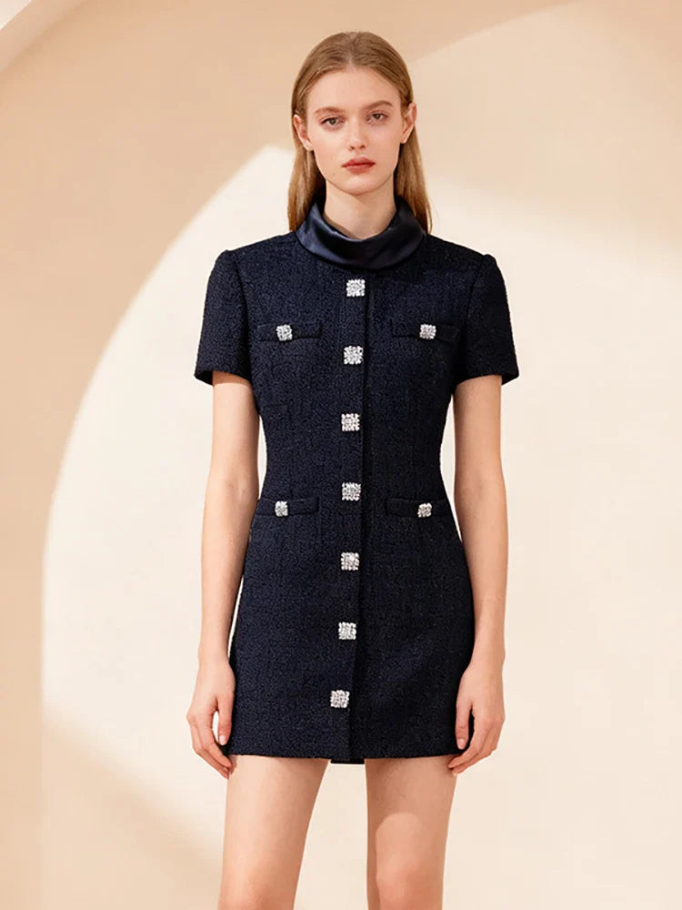 Black Tweed Mini Dress with Diamond Buttons