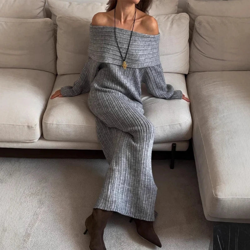 Knitted Off-Shoulder Long-Sleeved Maxi Dress