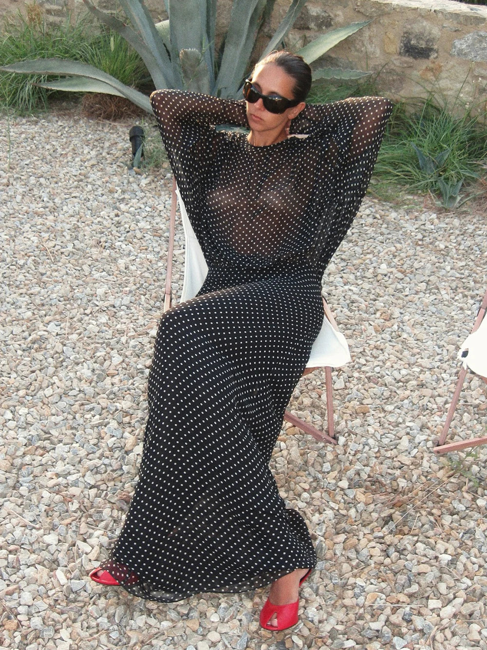 Black Dot Long Sleeve See-Through Maxi Dress