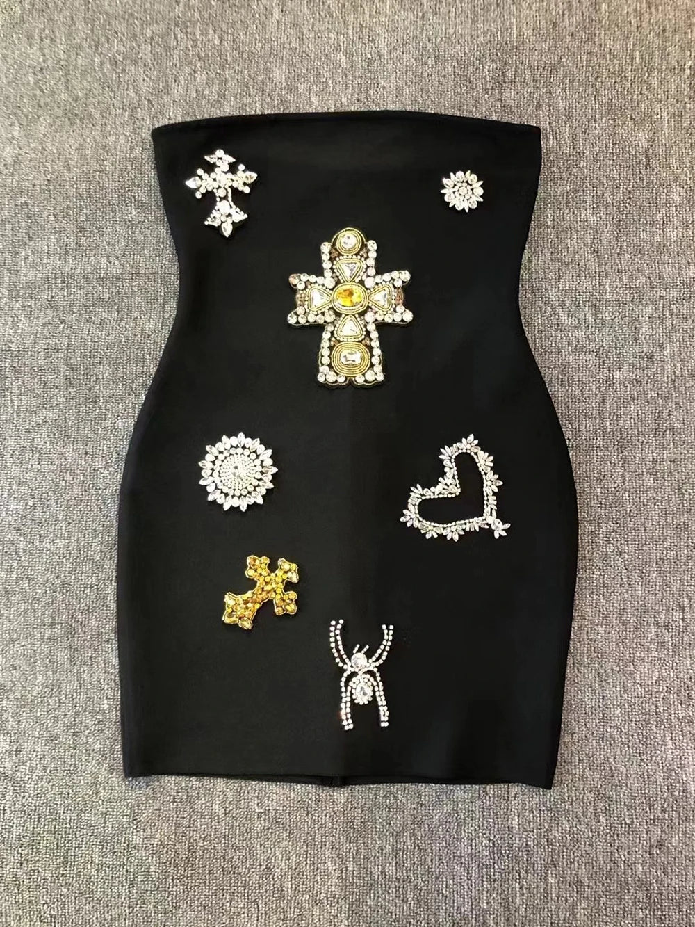 Black Diamond Beaded Strapless Bodycon Mini Dress