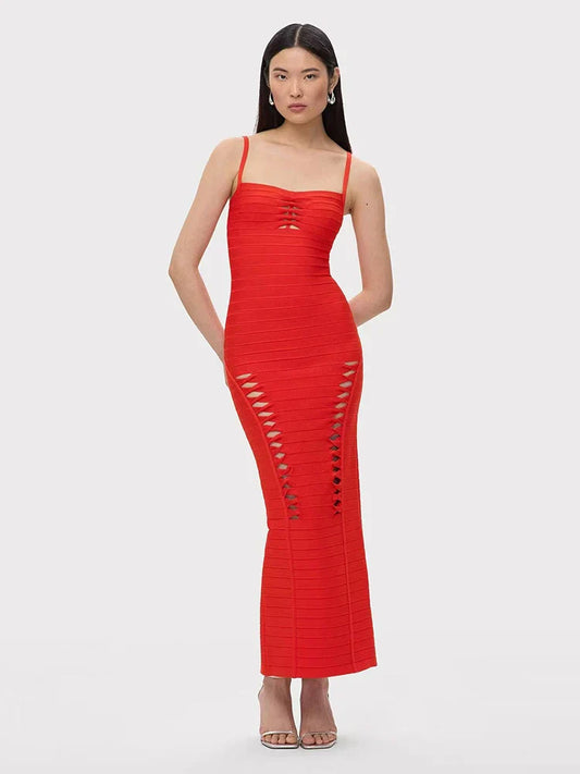 Red Spaghetti Strap Cut Out Bandage Maxi Dress