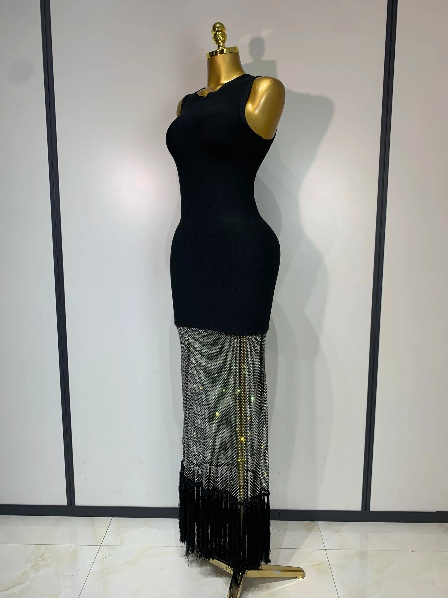 Black Sleeveless Sparkly Diamonds Tassel Bandage Gown
