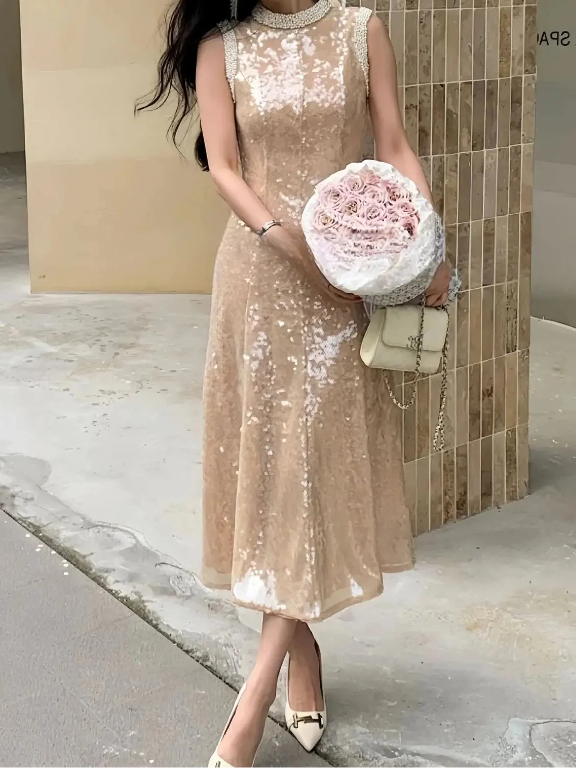 Gold Sequin Pearl Trim Round Neck Long Dress