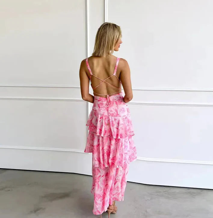 Printed V-Neck Ruffle Maxi Dress