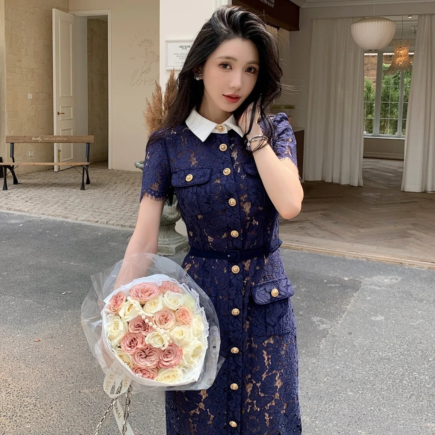 Blue Floral Lace Midi Dress with Peter Pan Collar & Puff Sleeves