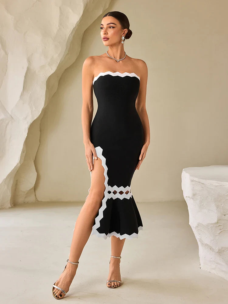 Black & White Strapless Patchwork Midi Dress | Split Bandage Evening Gown