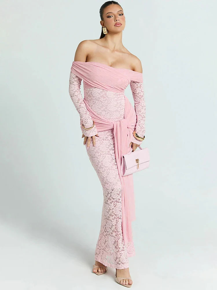 Pink Lace Off-shoulder Wrap Tie-up Maxi Dress