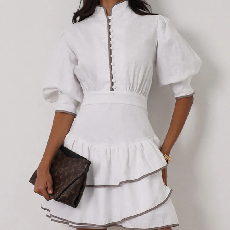 White Stand Collar Puff Sleeve Mini Shirt Dress | High Waist A-Line Office Lady