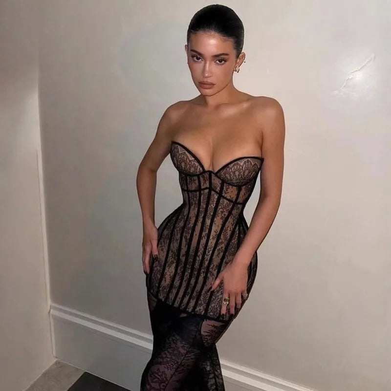 Lace Corset Mesh Maxi Dress with Detachable Hem