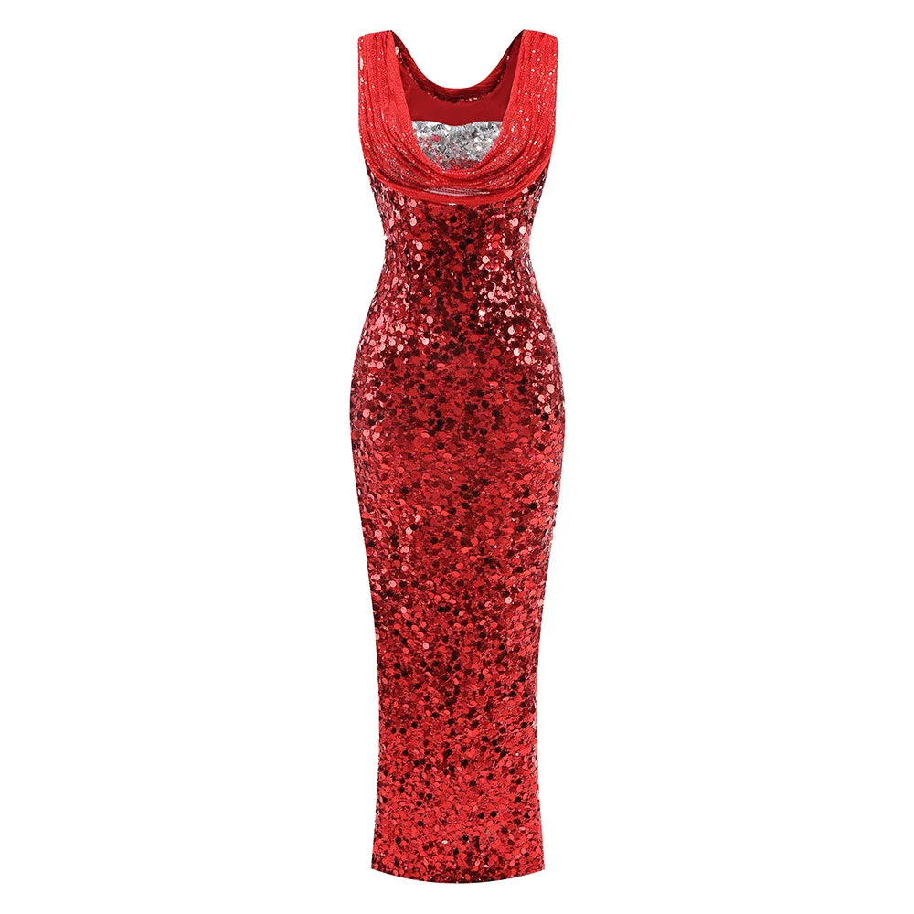 Red sequin dress on a white background