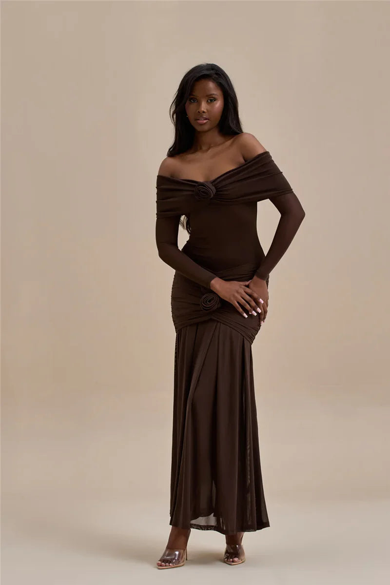 Off-Shoulder Rose Ruched Bodycon Maxi Dress