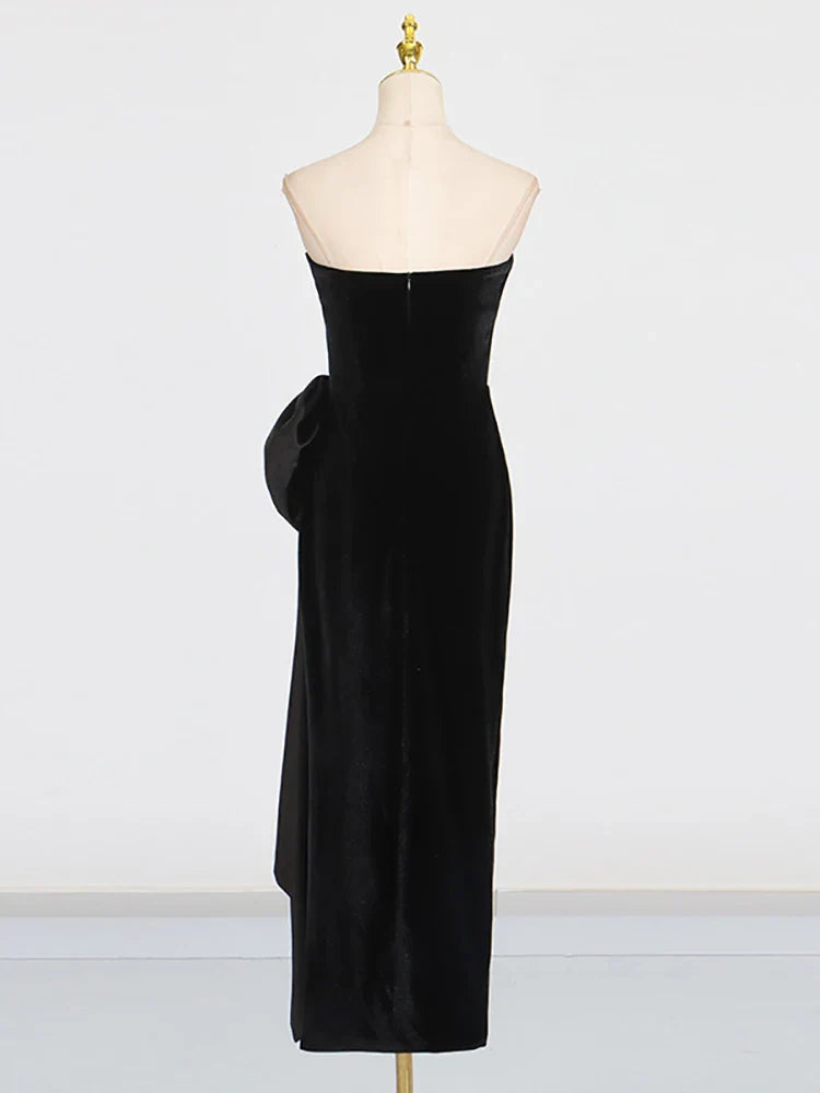 Black Velvet Strapless Bow Dress | Split Mid-Calf Evening Gown