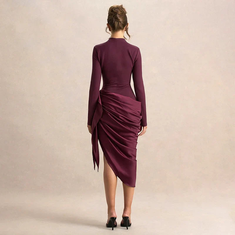 Long Sleeve Ruched Draped Midi Dress