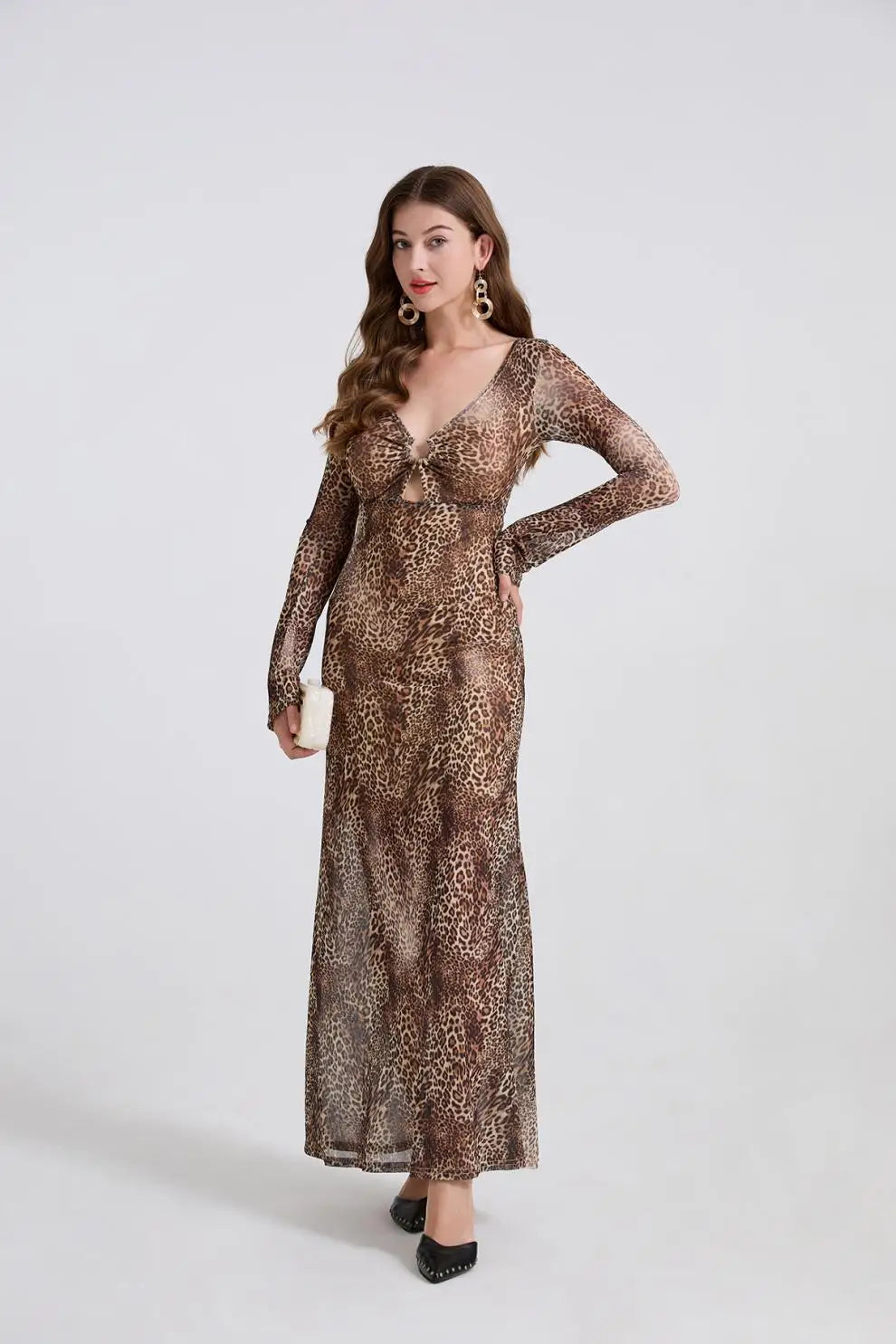 Leopard Print Long Sleeves V-neck Maxi Dress