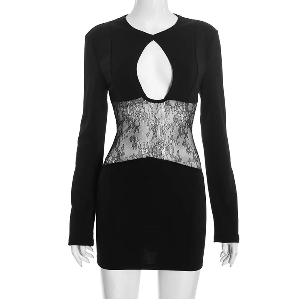 Lace Waist Cutout Long Sleeve Mini Dress