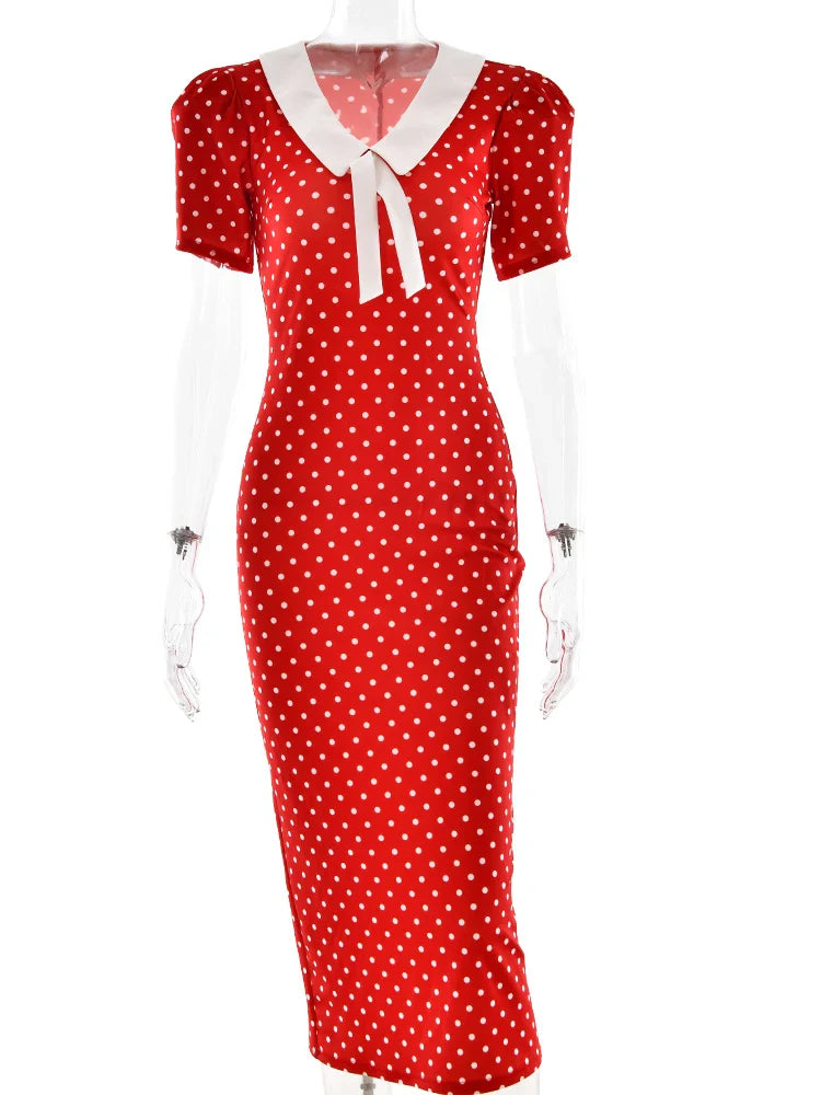 Red Polka Dot V-Neck Midi Dress | Retro Street Style