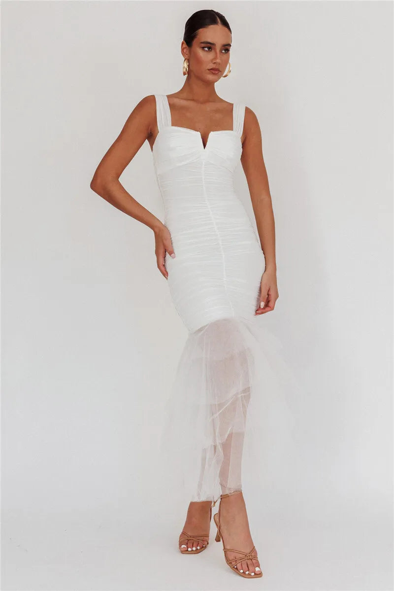 Thick Strap Mesh Hem Mermaid Style Midi Dress