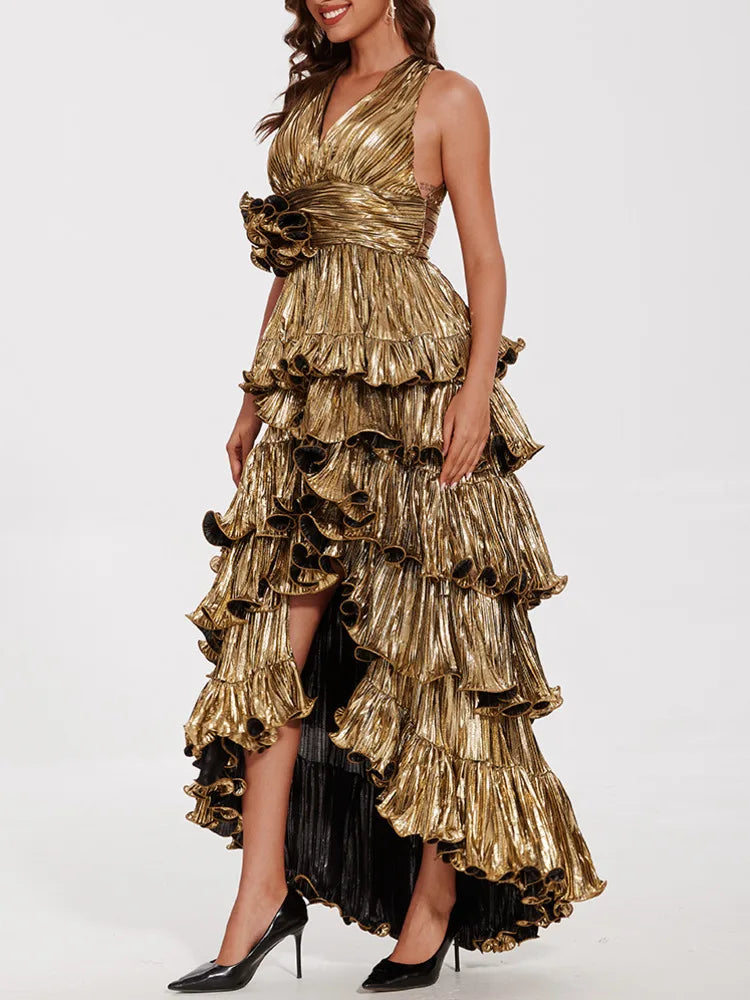 Metallic Tiered Halter Maxi Dress with Frill Layers