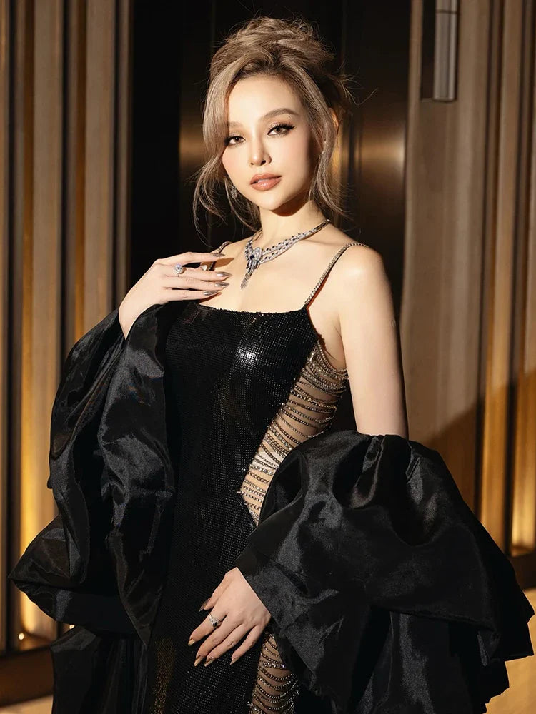 Black Sequin Side-Chain Cut-Out Sculpted Maxi Dress